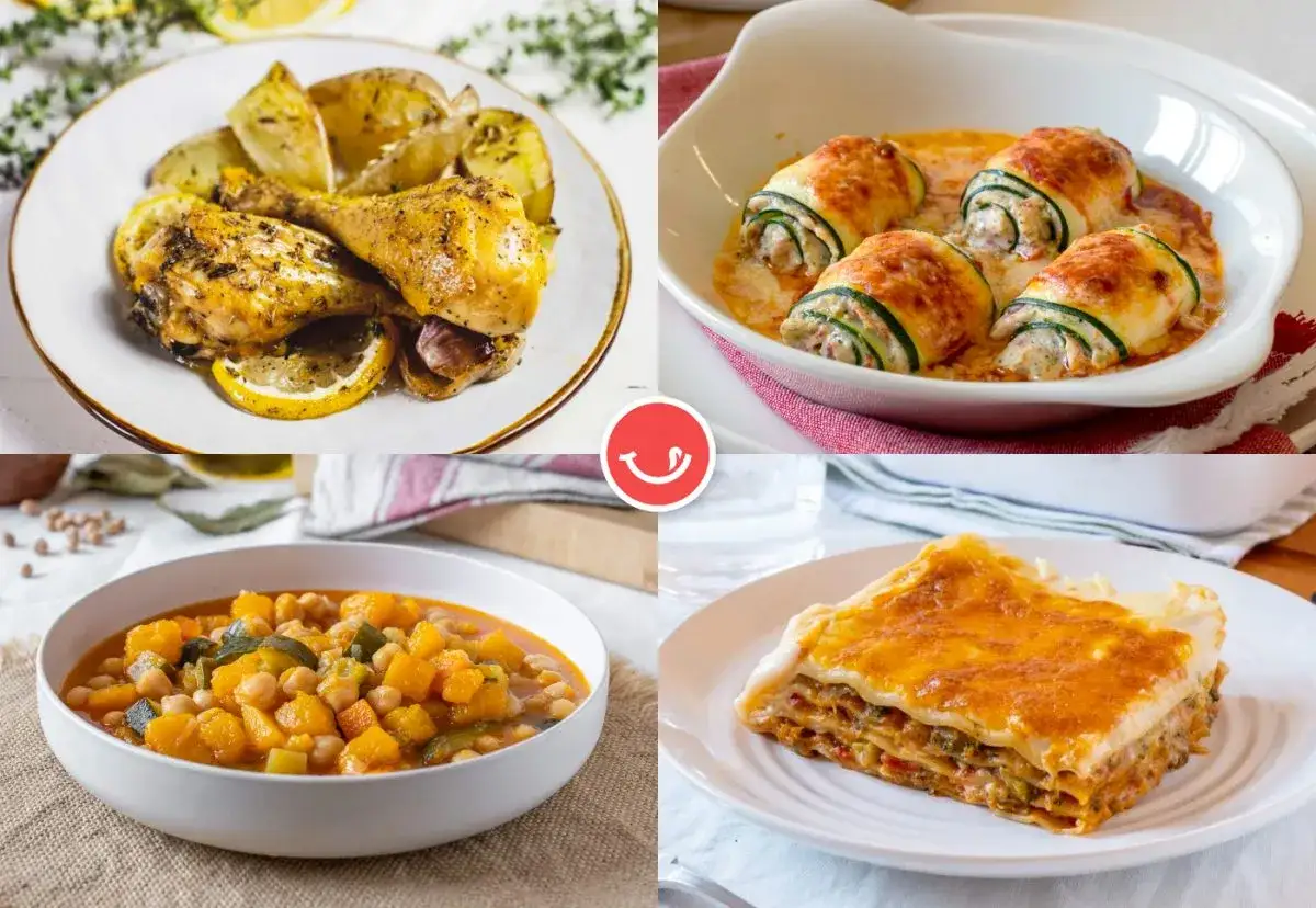 Cuatro platos deliciosos: pollo asado con lim&oacute;n, rollitos de calabac&iacute;n, guiso de calabaza y garbanzos, y lasa&ntilde;a. Informaci&oacute;n sobre las calor&iacute;as de los alimentos.