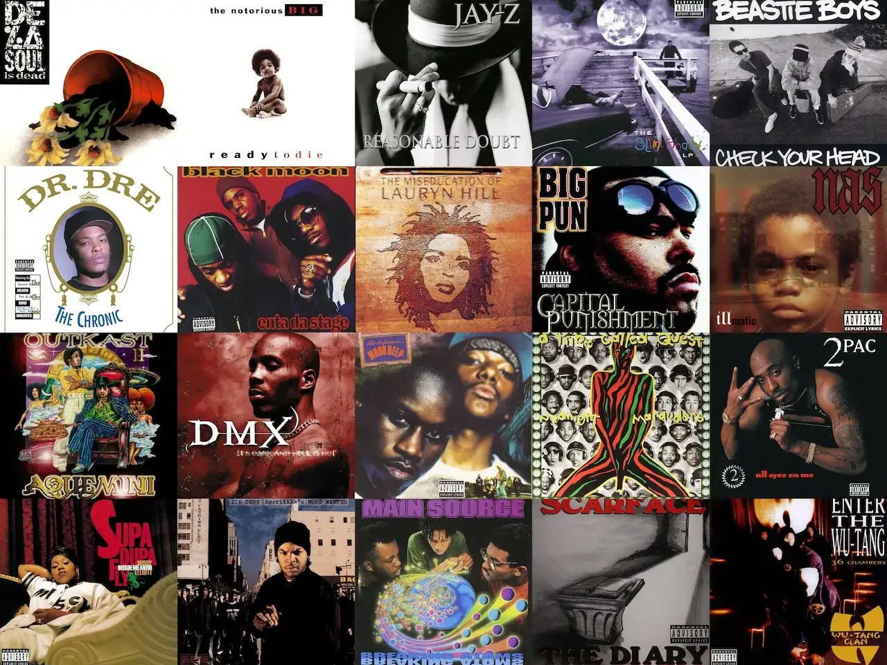 Kolekcja okładek klasyki rapu USA: Dr. Dre, Nas, Jay-Z, DMX, 2Pac, Wu-Tang Clan i inni.