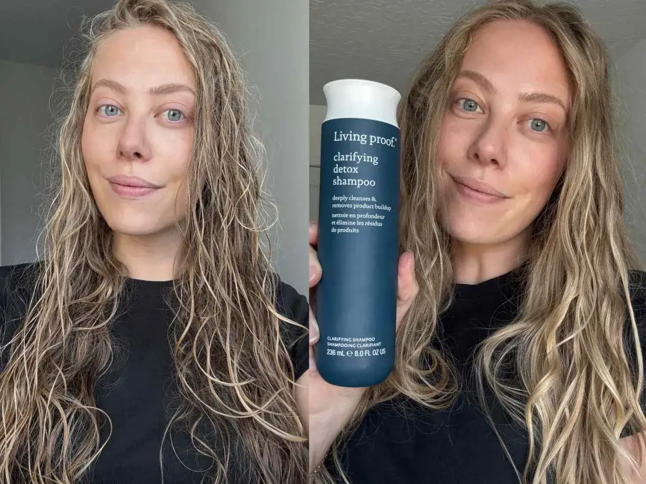 Mujer con cabello mojado y luego seco, mostrando el champ&uacute; Living Proof. Descubre los opiniones secretos del agua para un cabello radiante.