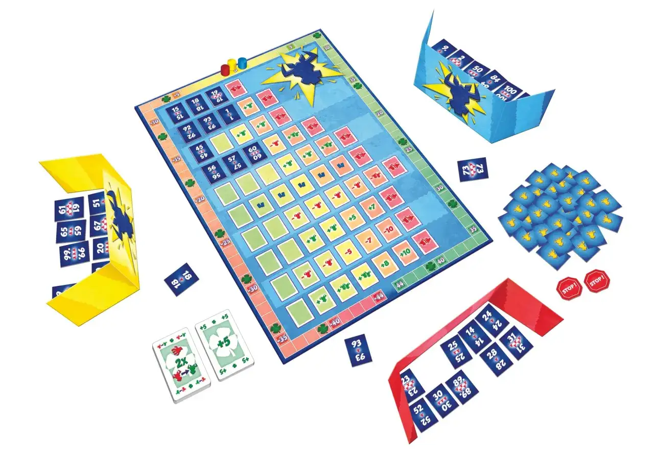 Brettspiel-Zubehör für Gesellschaftsspiele 6 Personen: Spielbrett, Karten und Spielsteine.