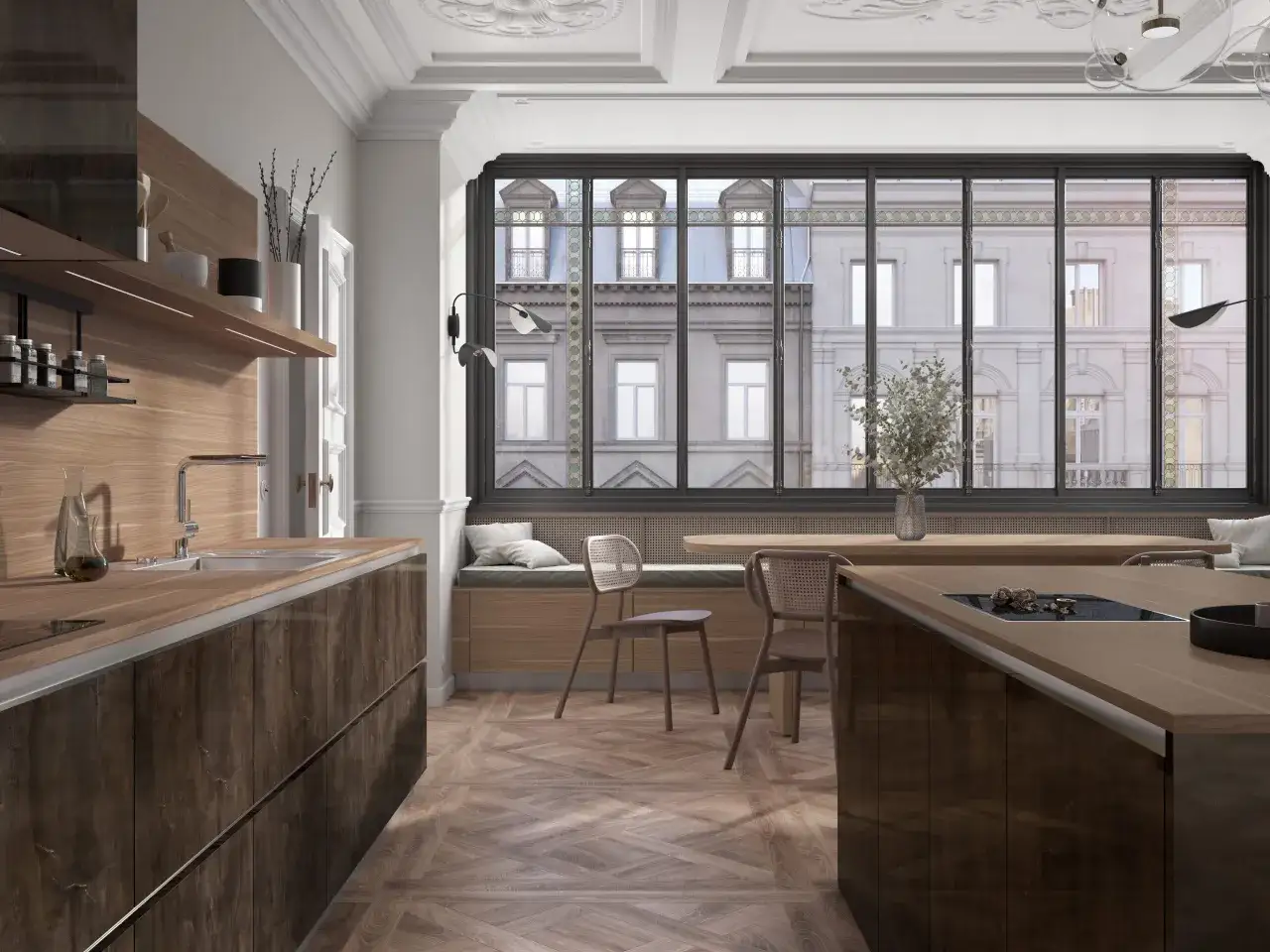 Cuisine moderne avec &icirc;lot central, plan de travail en bois, et une grande fen&ecirc;tre offrant une vue sur des immeubles anciens. L'espace circulation est fluide.