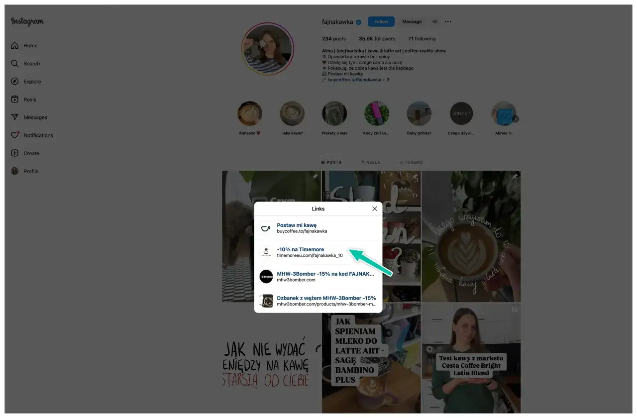 Profil influencerki kawowej z linkami do produkt&oacute;w i zniżek, pokazujący jak zarabiać na Instagramie.