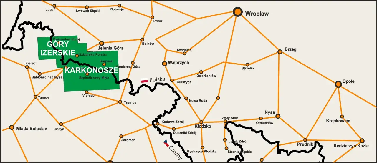 Mapa drogowa z zaznaczonymi Górami Izerskimi i Karkonoszami, łączącymi miasta takie jak Wrocław, Jelenia Góra i Liberec.