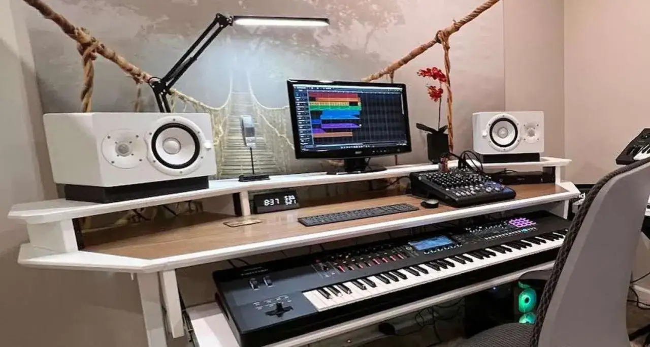 Studio d'enregistrement avec clavier, écran, mixeur et enceintes. Idéal pour la prod gratuite et la création musicale.