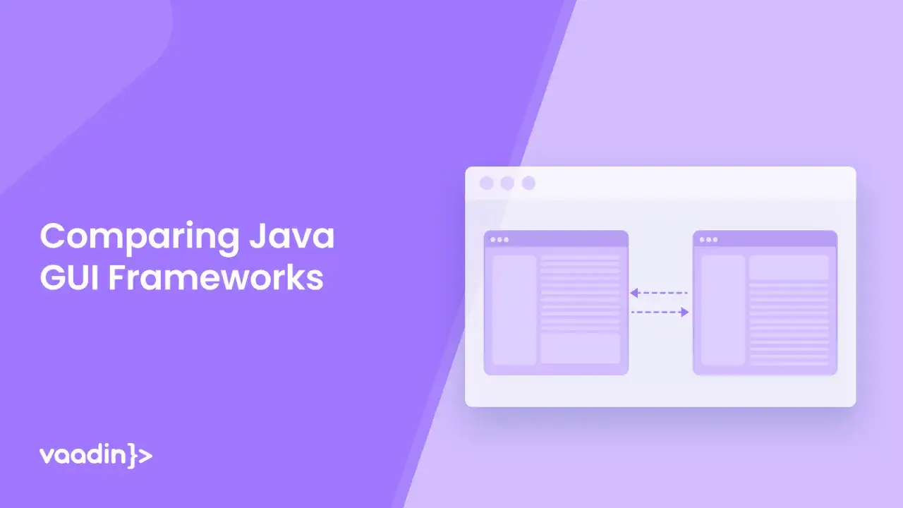 Vergleich von Java GUI Frameworks: zwei Fenster mit Text und Pfeilen, die Interaktion zeigen.