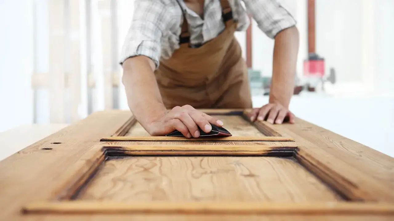 Artisan pon&ccedil;ant un chant de porte en bois, pr&eacute;parant la surface pour une nouvelle finition.