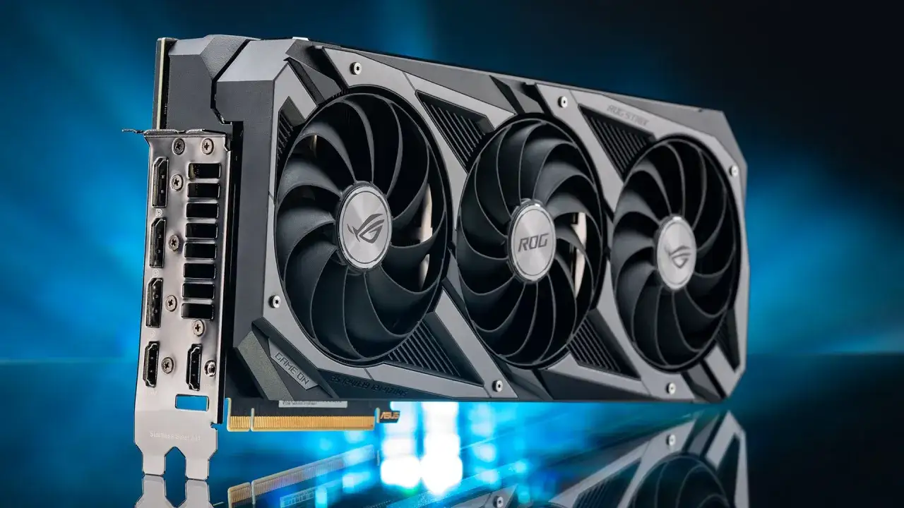 Carte graphique ROG Strix avec trois ventilateurs. Pour savoir comment connaitre sa carte graphique, regardez ses ports et son design.