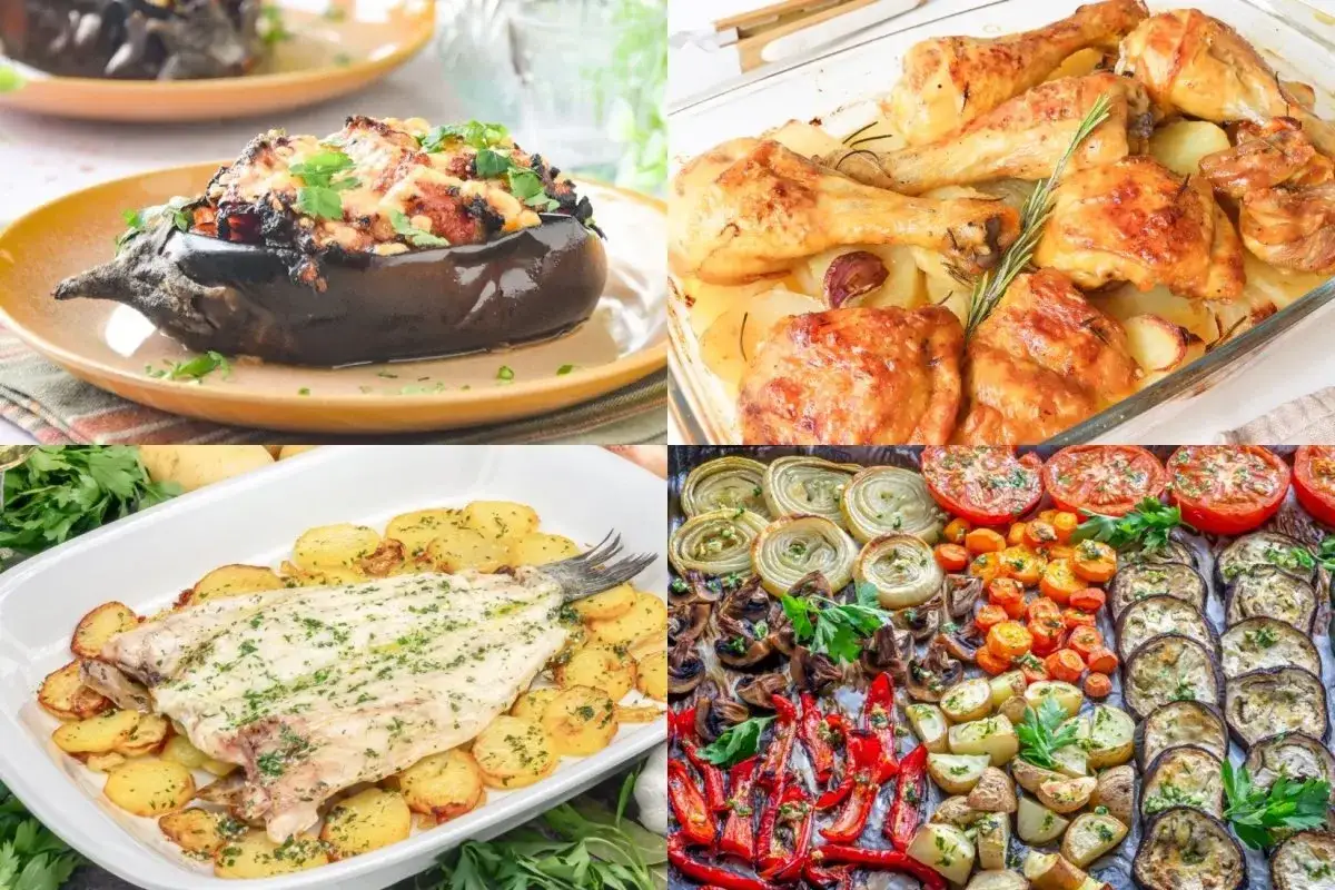 Un festín de diez recetas al horno: berenjena rellena, pollo asado, pescado con patatas y verduras variadas.