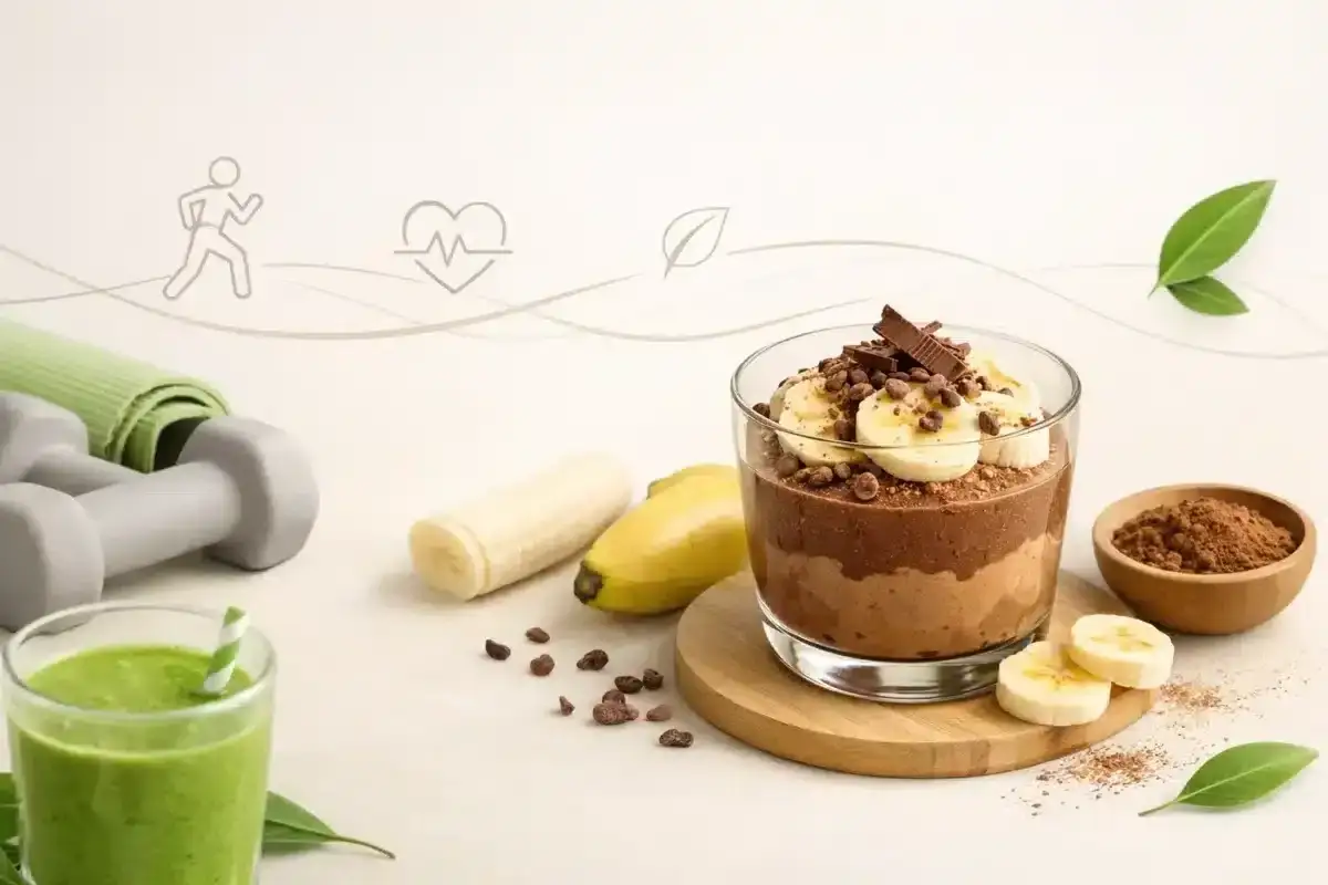 Szybki deser z niczego w 5 minut: czekoladowy mus z bananem i kakao. Obok zielony koktajl, hantle i mata do ćwiczeń.