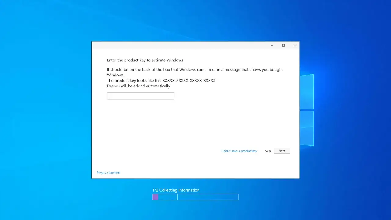 Okno aktywacji Windows 10 prosi o wpisanie klucza produktu. Można go znaleźć na opakowaniu lub w wiadomości e-mail.