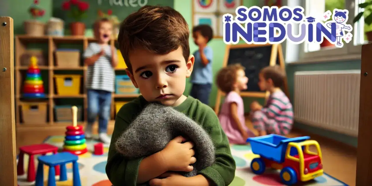 Ni&ntilde;o triste abraza manta en guarder&iacute;a, mientras otros juegan. Entender el **comportamiento disruptivo** es clave para su bienestar.