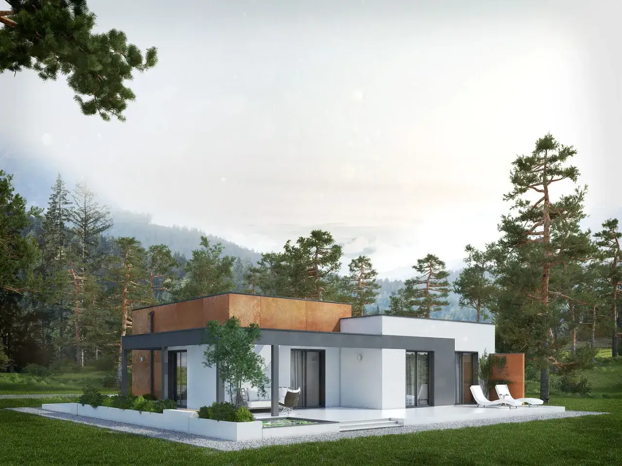 Case moderne esterni ad un piano, immerse nel verde di una foresta con montagne sullo sfondo. Un'oasi di pace e design.