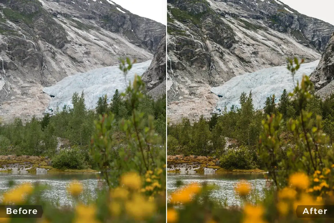 Darmowe presety Lightroom: porównanie ujęcia górskiego krajobrazu z lodowcem i jeziorem przed i po edycji.