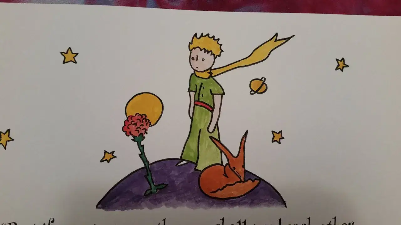 Ilustracja z Małego Księcia: chłopiec, róża, lis i gwiazdy. 