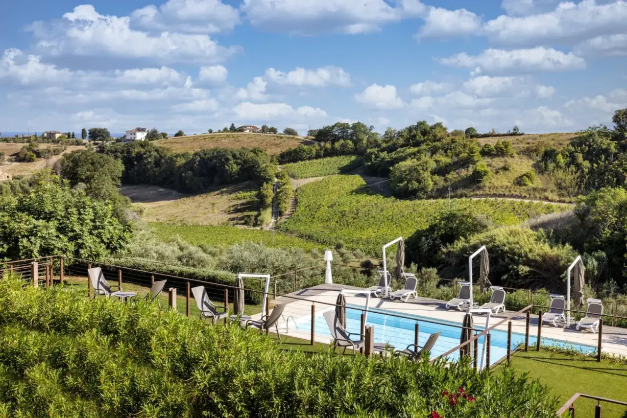 Piscina con lettini e vista su vigneti e colline, perfetta per una gita fuori porta nelle Marche.