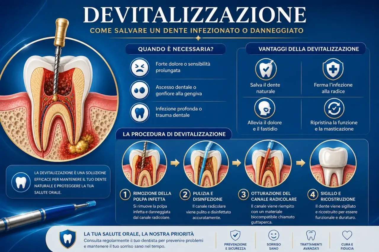Illustrazione di un dente con carie profonda e la procedura di devitalizzazione per salvarlo.