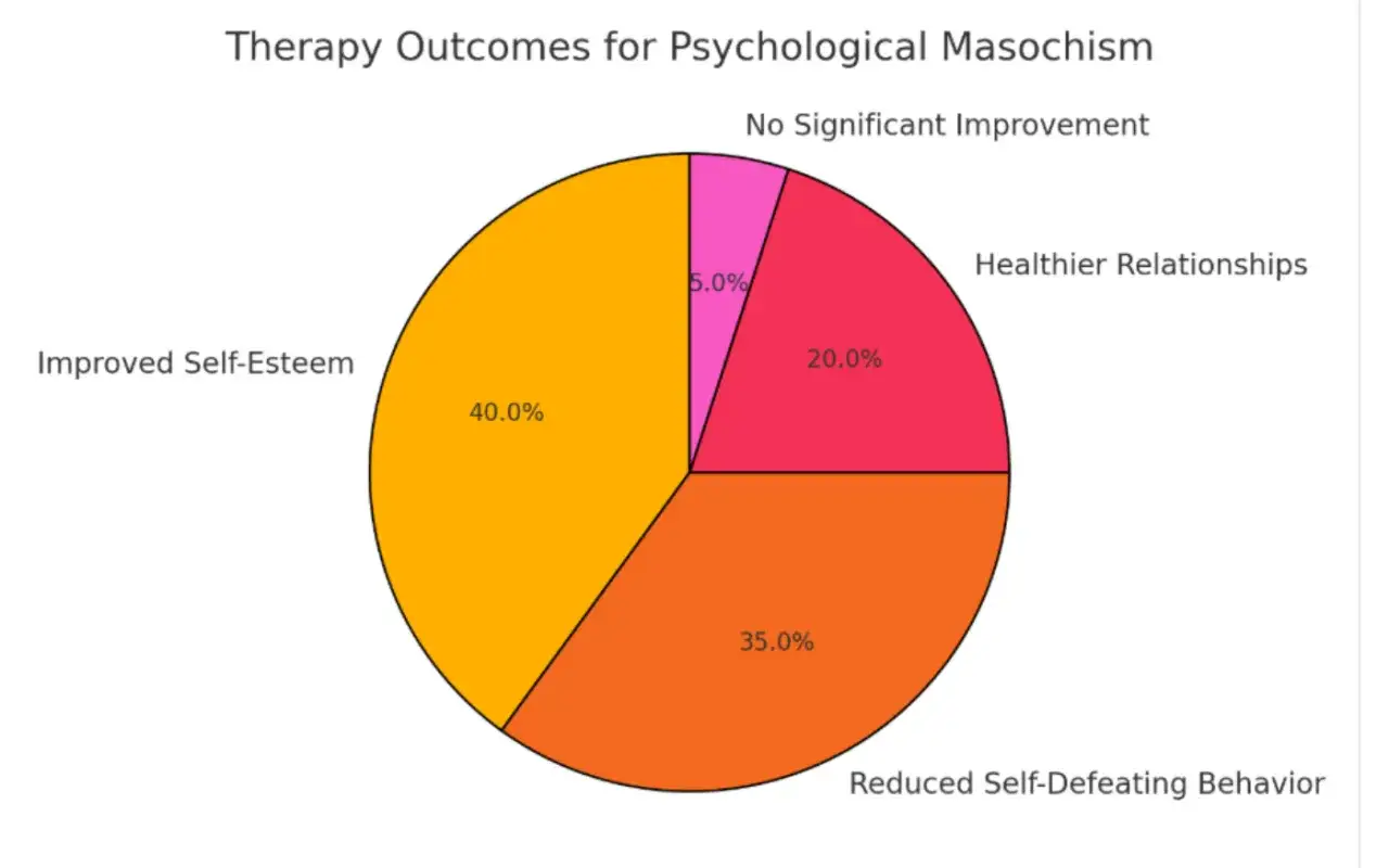 Wykres kołowy pokazuje wyniki terapii dla masochizmu psychologicznego: 40% poprawy samooceny, 35% redukcji zachowań autodestrukcyjnych, 20% zdrowszych relacji, 5% braku znaczącej poprawy. Czy masochizm to choroba?