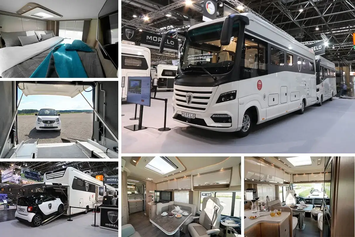 Camping car avec voiture interieur. Un camping-car luxueux transportant une petite voiture, avec des vues sur l'intérieur confortable et la chambre.