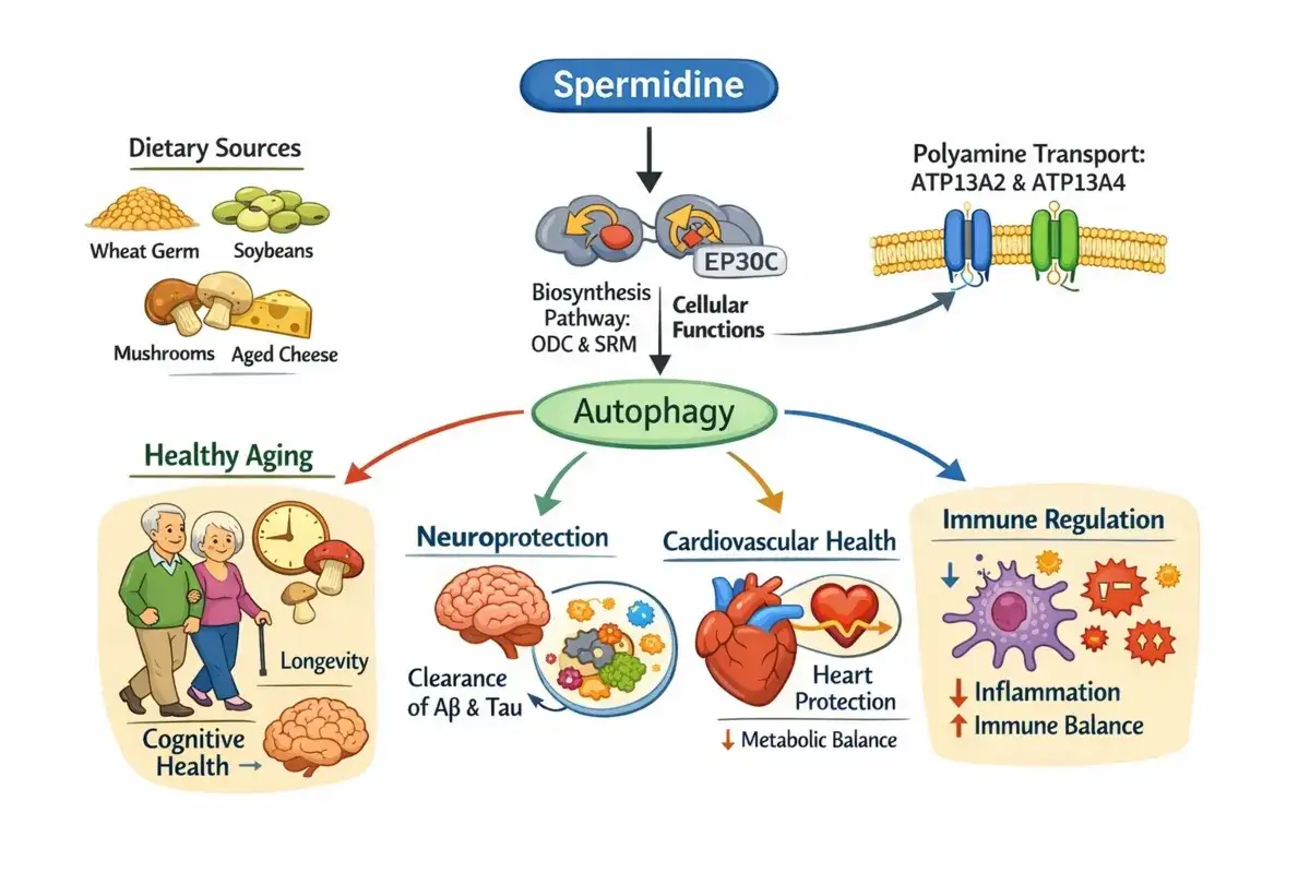 Spermidin fördert Autophagie, was zu gesunder Alterung, Neuroprotektion, Herzgesundheit und Immunregulation beiträgt. Quellen: Weizenkeime, Sojabohnen, Pilze, Käse.