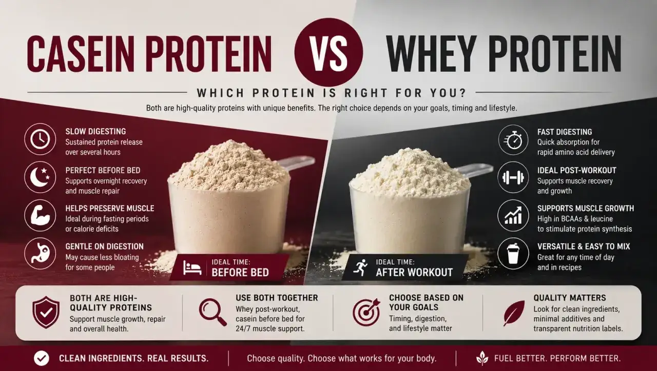 Casein Protein: langsam verdaulich, ideal vor dem Schlafengehen für Muskelregeneration und -erhalt.