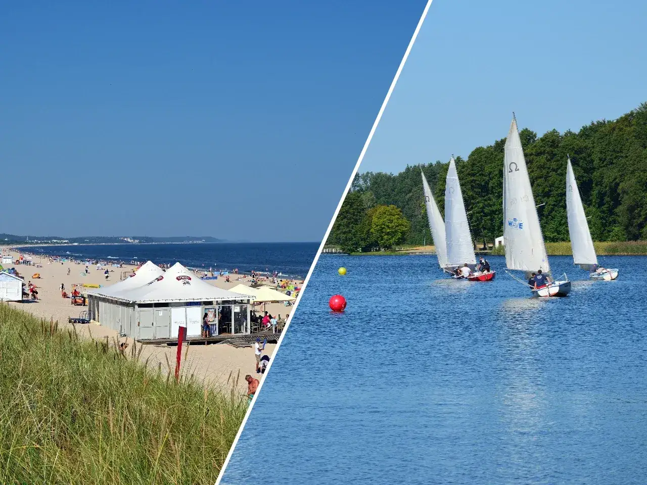 Plaża pełna ludzi i żaglówki na jeziorze. Gdzie najcieplej nad morzem? Tutaj słońce i woda.