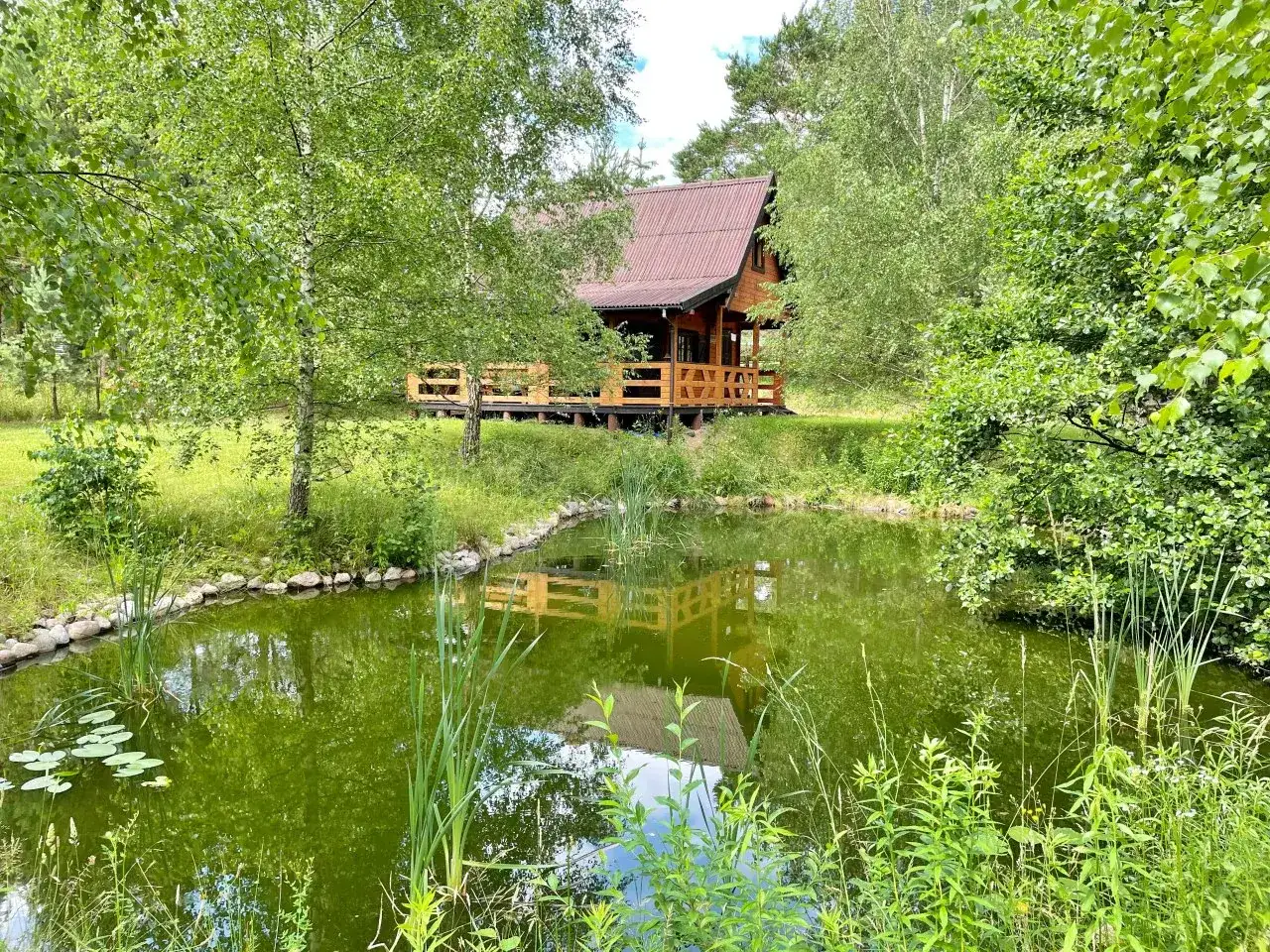 Drewniany domek z tarasem nad zielonym stawem, otoczony bujną roślinnością. Fajne miejsce na relaks.
