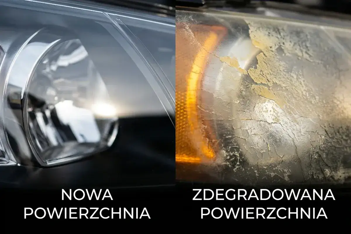Porównanie reflektorów: nowy, lśniący po prawej stronie zmatowiały, z pękającym lakierem po polerce.