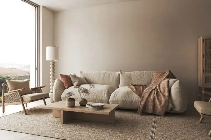 Beżowa kanapa z fotelem w harmonijnych kolorach, przytulny salon