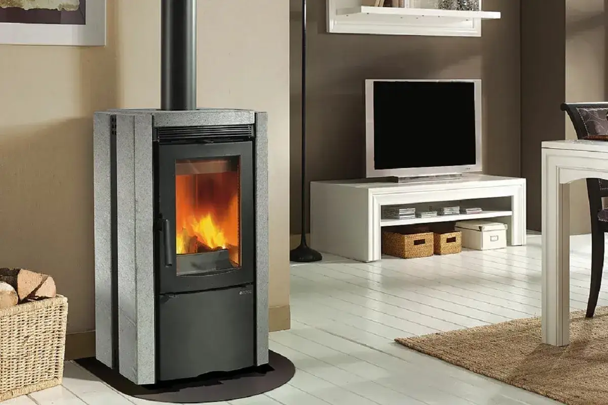 Estufa de le&ntilde;a moderna con puerta de cristal y fuego encendido. Ideal para saber que tipo de estufa es mejor para tu hogar.