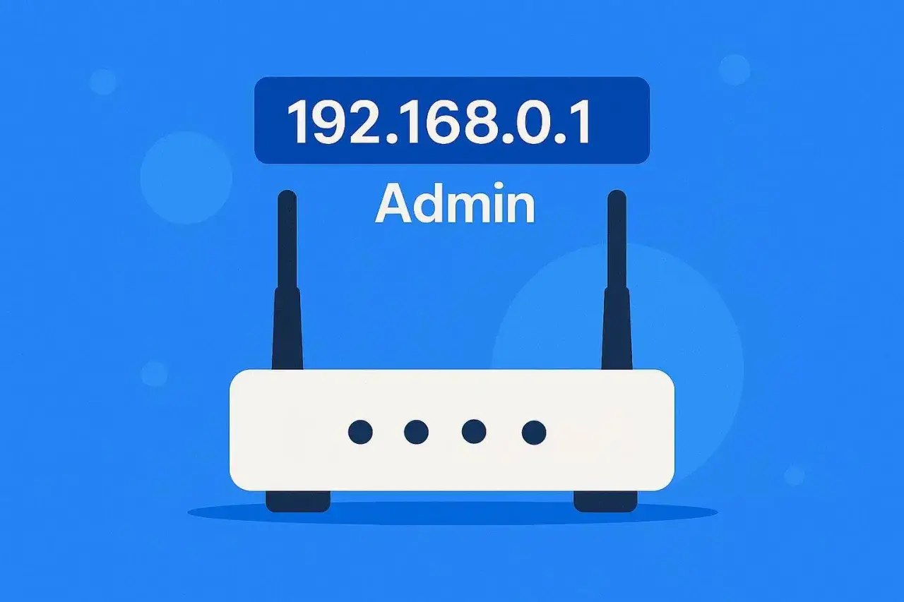 Ilustracja przedstawia biały router z dwiema antenkami. Nad nim widnieje niebieski prostokąt z napisem 