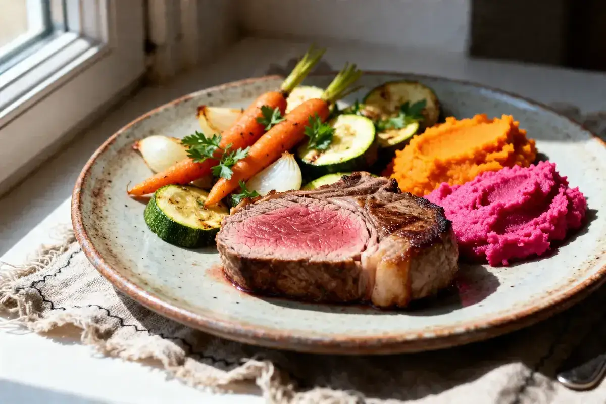 Un steak saignant, carottes r&ocirc;ties, courgettes grill&eacute;es et pur&eacute;es color&eacute;es. Le plat parfait pour une exp&eacute;rience culinaire inoubliable, avec une sauce qui promet d'&ecirc;tre la meilleur sauce pour steak.