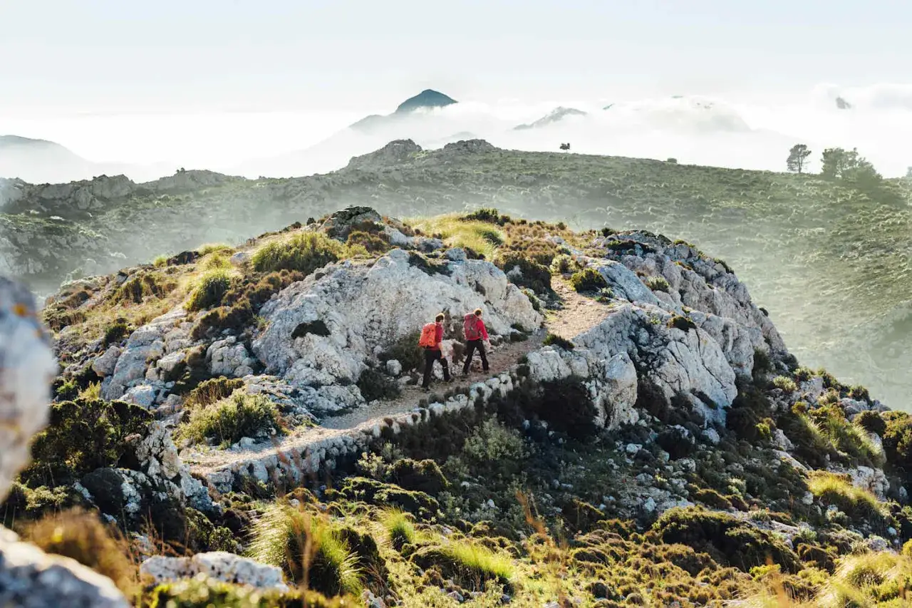 Zwei Wanderer erkunden das **Gebirge Mallorcas**. Sie gehen auf einem steinigen Pfad durch karge, felsige Landschaft mit vereinzelten Büschen.