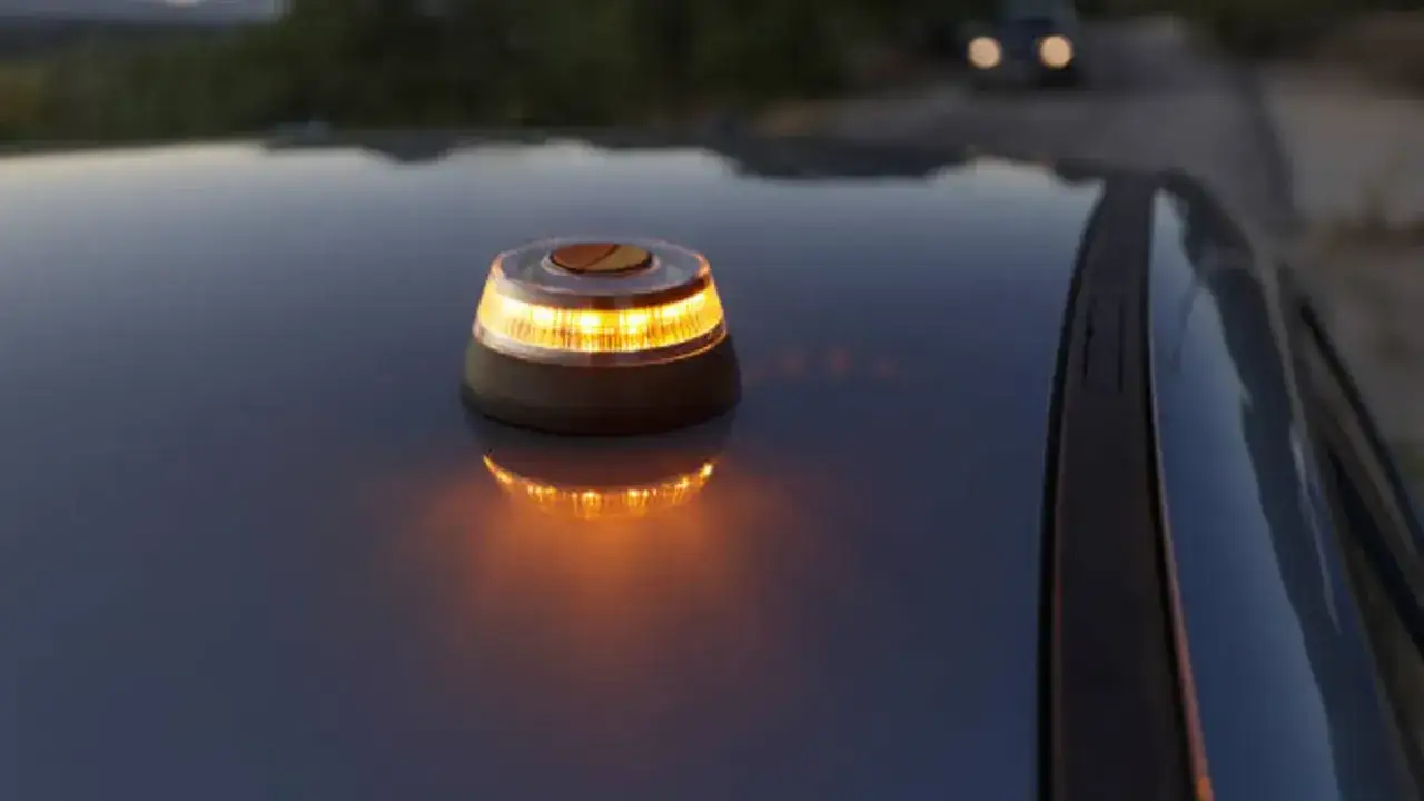 Baliza naranja intermitente sobre el techo de un coche, indicando señales de avería en el coche.