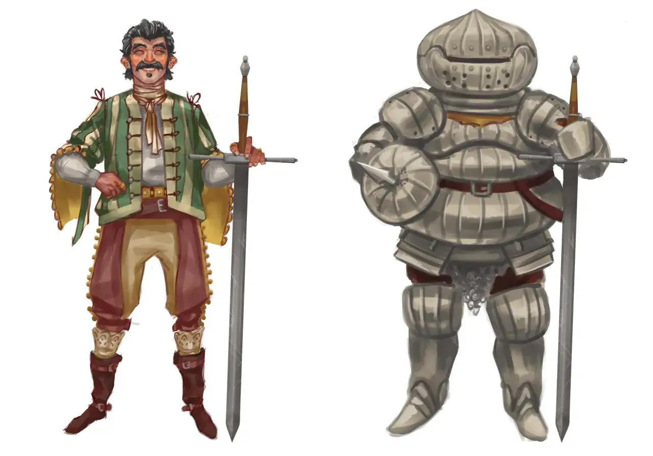 Siegmeyer de Catarina, un caballero con armadura completa, y otro hombre con un atuendo verde y dorado, ambos con espadas.