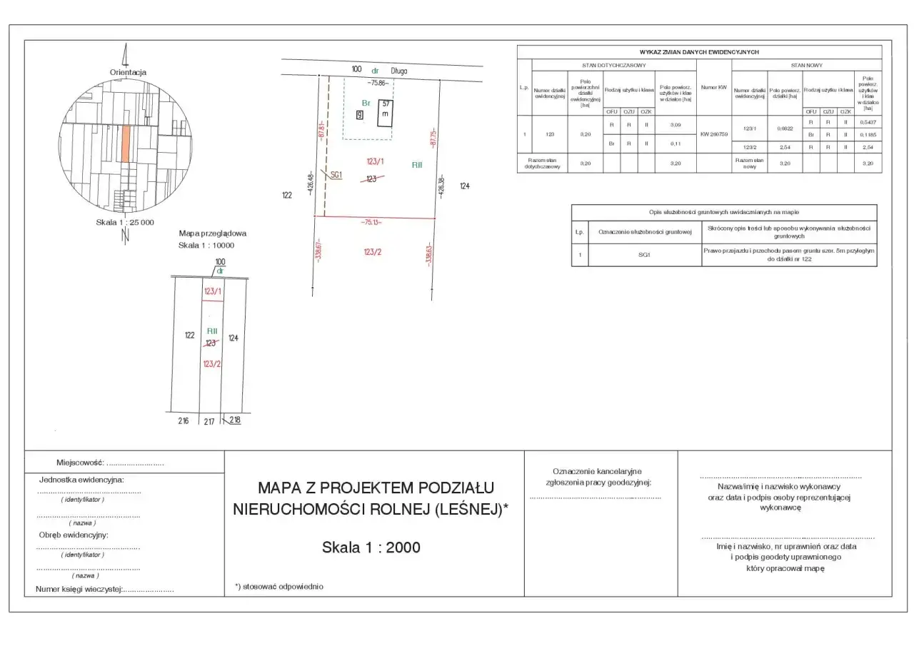 Mapa z projektem podziału nieruchomości rolnej, uwzględniająca zasiedzenie drogi dojazdowej. Widoczny fragment działki nr 122 z oznaczeniem służebności gruntowej SG1.