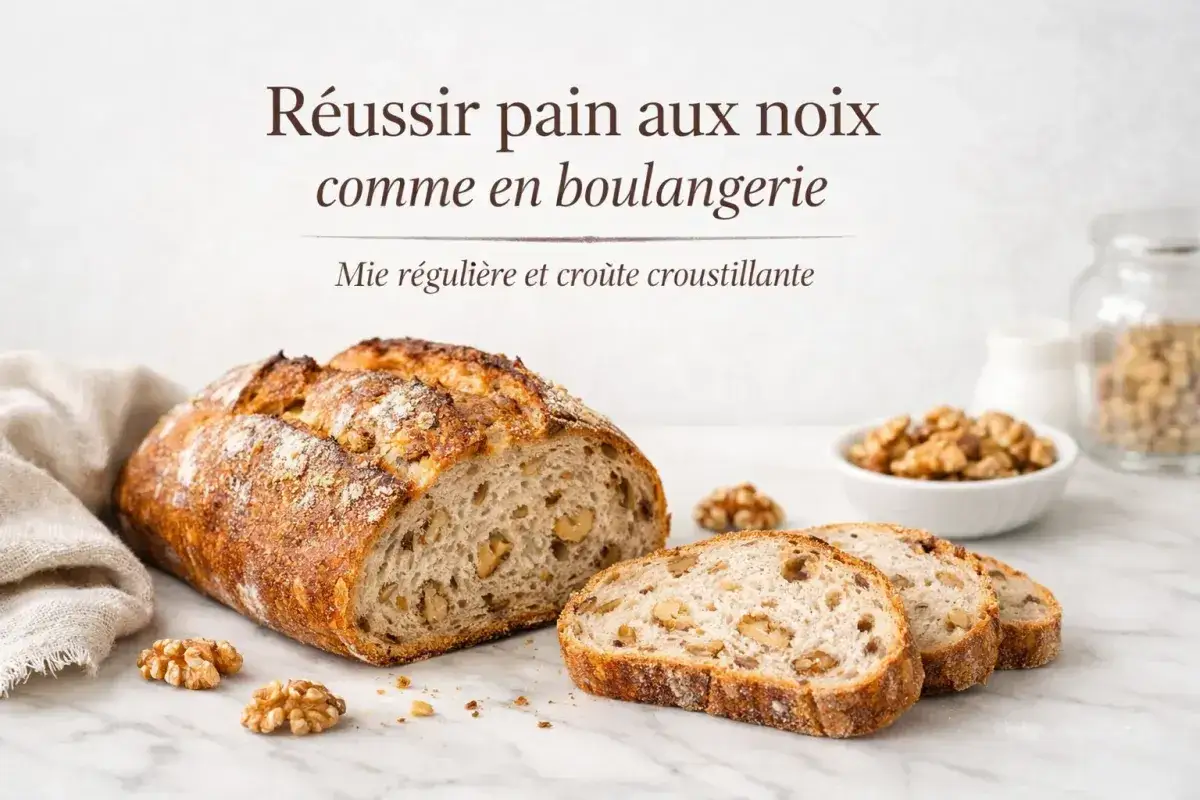 Un pain aux noix artisanal, coupé en tranches, avec une mie aérée et une croûte dorée. Des noix garnissent la table.