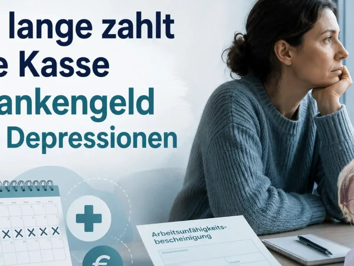 Frau denkt nach, wie lange Krankengeld bei Depressionen gezahlt wird. Kalender, Pluszeichen und Arbeitsunfähigkeitsbescheinigung im Bild.
