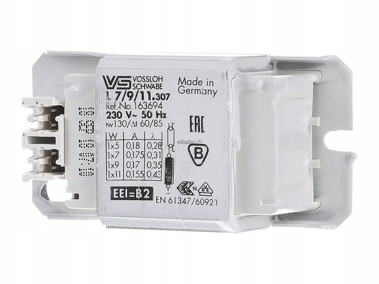 Biały statecznik Vossloh Schwabe, model L 7/9/11.307, Made in Germany, 230V, 50Hz.