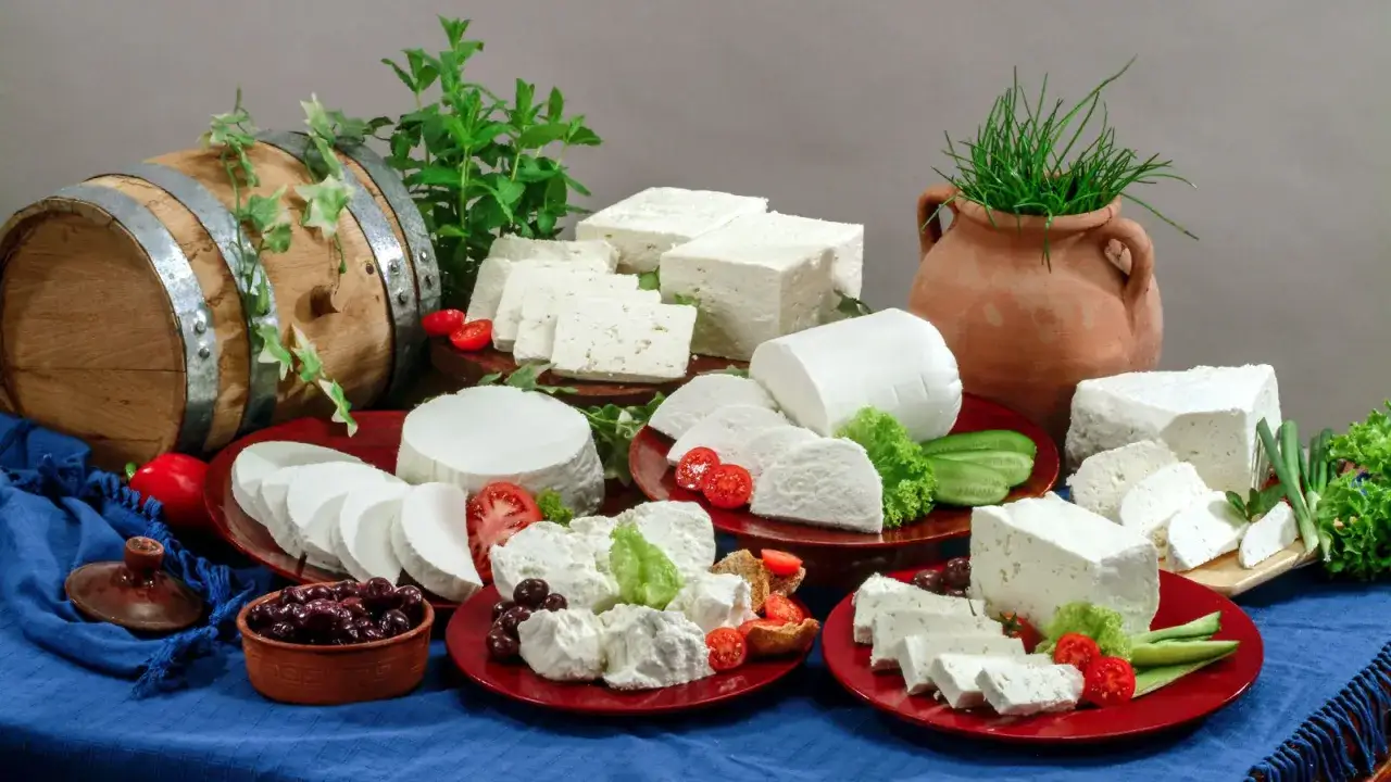 Varietà di formaggi freschi, tra cui un formaggio simile alla feta, disposti su piatti rossi con pomodorini, olive e verdure.