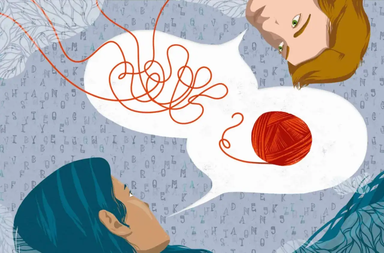 Due persone comunicano: una con pensieri aggrovigliati, l'altra con un gomitolo. Il comportamento è lo specchio della mente.