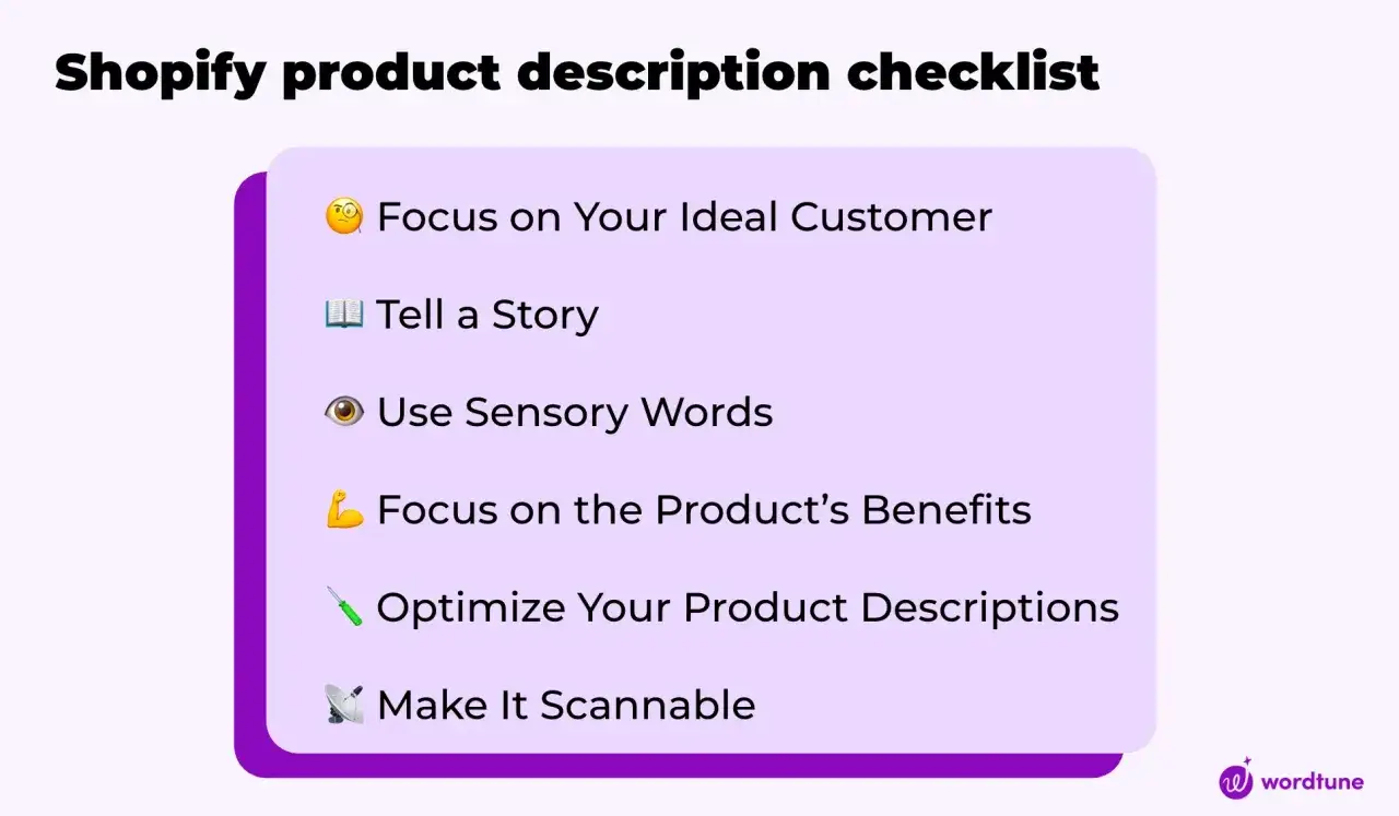 Lista kontrolna opis&oacute;w produkt&oacute;w Shopify: skup się na kliencie, opowiedz historię, użyj sł&oacute;w zmysłowych, korzyści, optymalizuj opisy produkt&oacute;w, uczyń je czytelnymi.