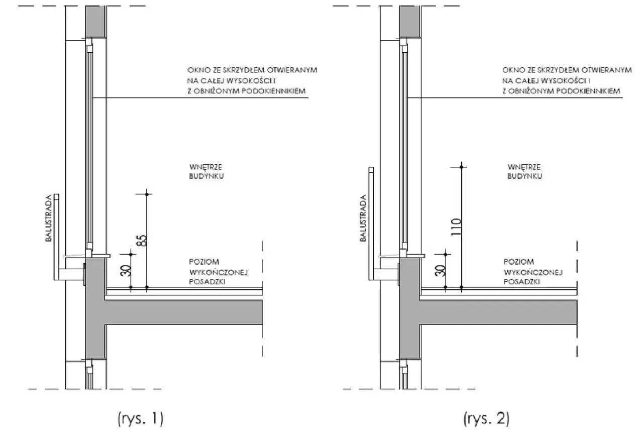 Przekroje balkonów z oknami na całą wysokość. Rysunek 1 pokazuje wysokość balustrady balkonowej 85 cm, rysunek 2 - 110 cm.