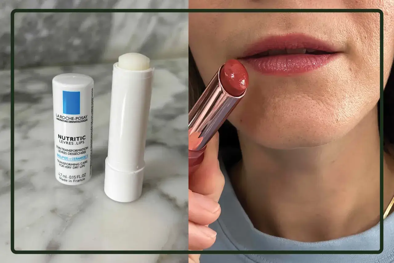 Balsam do ust La Roche-Posay i szminka w odcieniu różu. Koniec z uczuciem suchych ust dzięki pielęgnacji.
