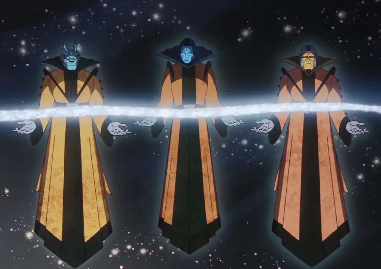 Les gardiens du temps Marvel, trois êtres cosmiques aux robes dorées et aux visages bleus, manipulent une énergie lumineuse dans l'espace étoilé.