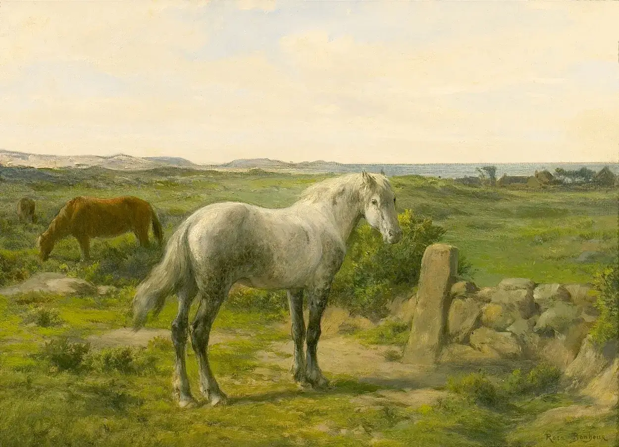 Biały koń na łące, w tle brązowy koń i domki nad morzem. Dzieło Rosa Bonheur.