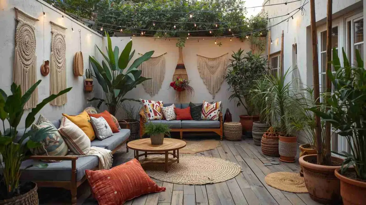 Un coin salon cosy pour un aménagement terrasse jardin bohème chic. Canapés, coussins colorés, macramés muraux et plantes luxuriantes créent une ambiance relaxante.