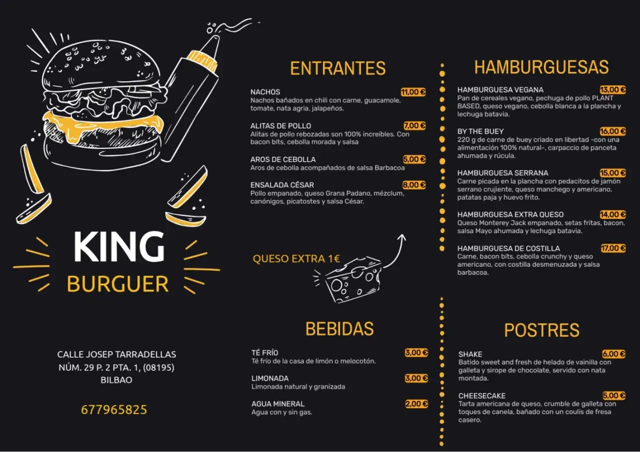 Carta de bebidas y hamburguesas de King Burguer. Incluye entrantes, bebidas y postres.