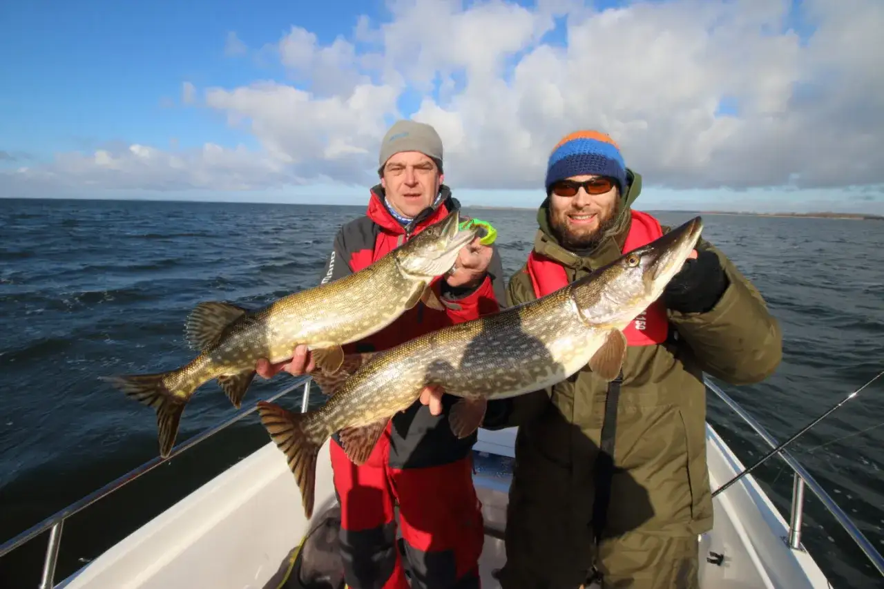 Zwei Angler pr&auml;sentieren stolz ihre Winterbeute: Hechte, gefangen auf offener See.