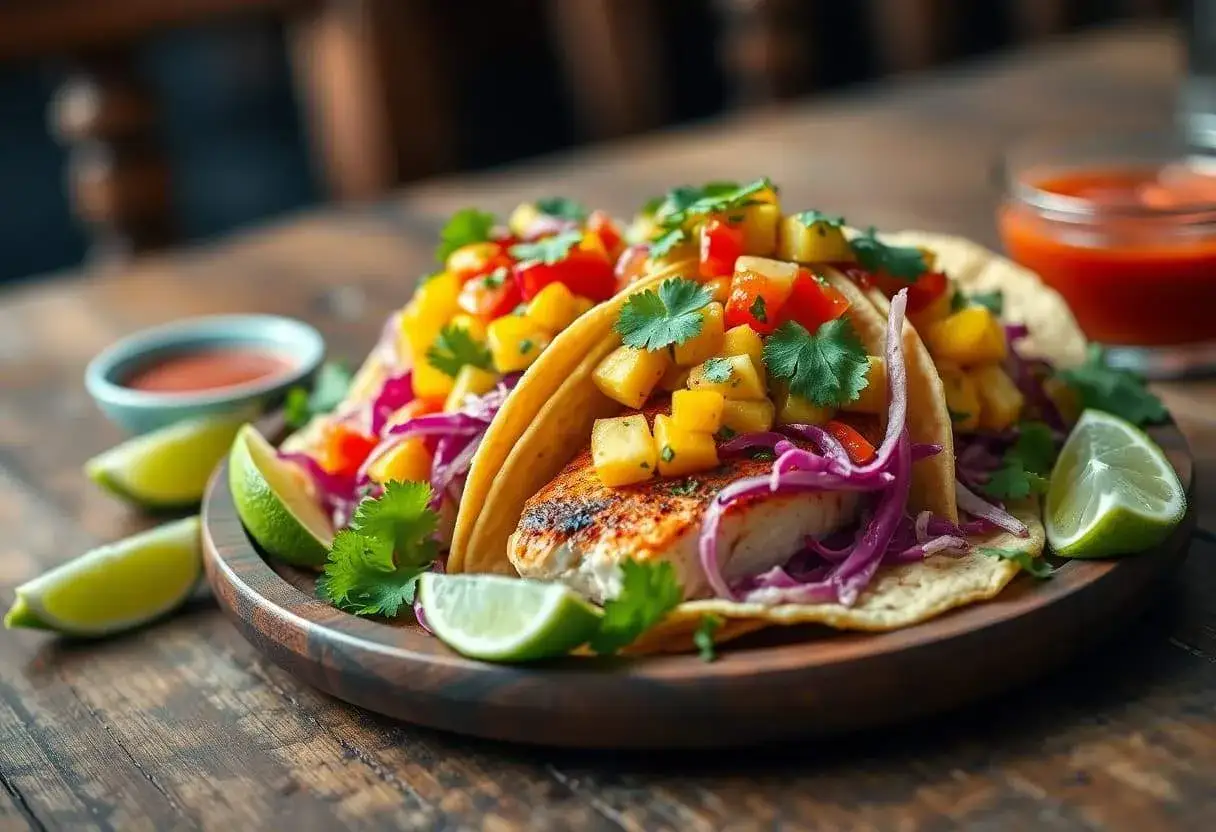 Deux délicieux taco poisson, garni de mangue, poivrons, chou rouge et coriandre, avec des quartiers de citron vert et une sauce piquante.
