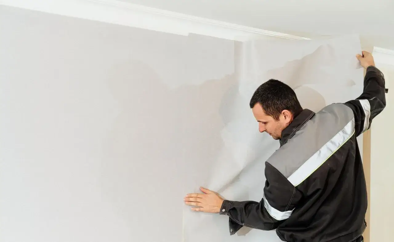 Hombre con ropa de trabajo colocando papel pintado en una pared.